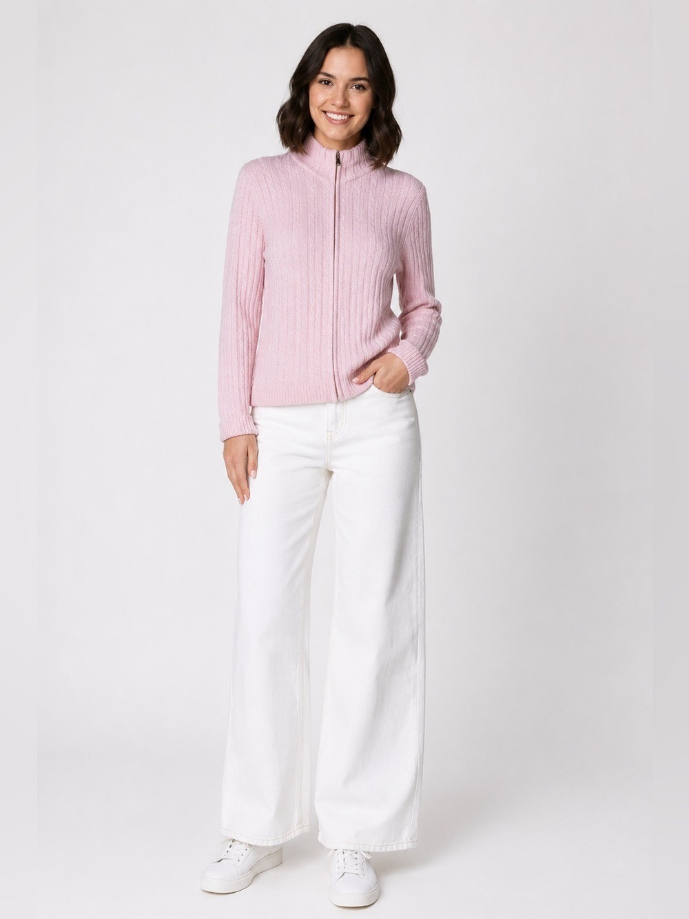 DAILY WOMEN Cotton Blend Pink Long Sleeve Cable Knit Full Zip Cardigan Sweater L
